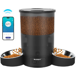Розумна автоматична годівниця SURDY 3L для котів і собак з Wi-Fi (2.4G/5G), 2 миски, керування через додаток, програмування 1-10 годувань, голосовий виклик