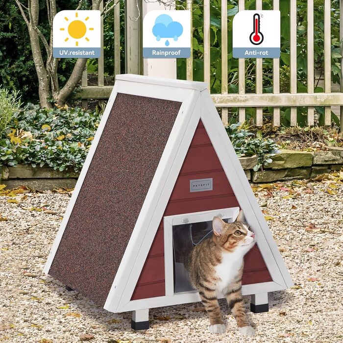 Вуличний будиночок для котів Petsfit з евакуаційними дверима, дерев'яний, водостійкий, із ялинової деревини, червоний