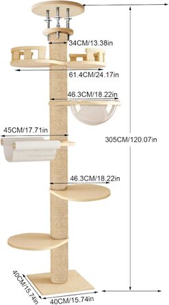 Високий кігтетопор для котів Kratzbaum 3 метри: багатоярусний, з оглядовим майданчиком та гніздом, регульована висота