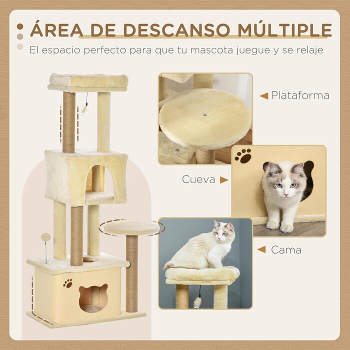 Велика дряпка для котів PawHut 60x34x136 см з платформами, знімними плюшевими будиночками, джутовими стовпчиками та підвісним м’ячиком, бежева