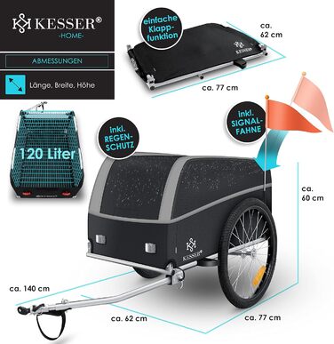 Причіп для велосипеда KESSER® вантажний, 120 літрів, сірий/чорний, з дахом та складною високою тягою