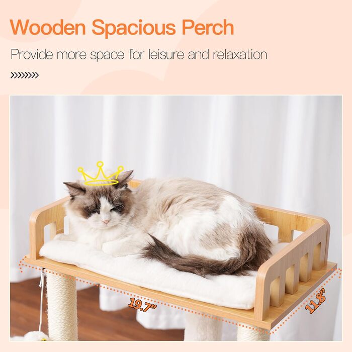 Дерев'яна кігтеточка Heybly HCT007SSR для котів: кігтестоїка-стійка з платформою 30x50 см, будиночком та 2 сизалевими стовпчиками, коричнева