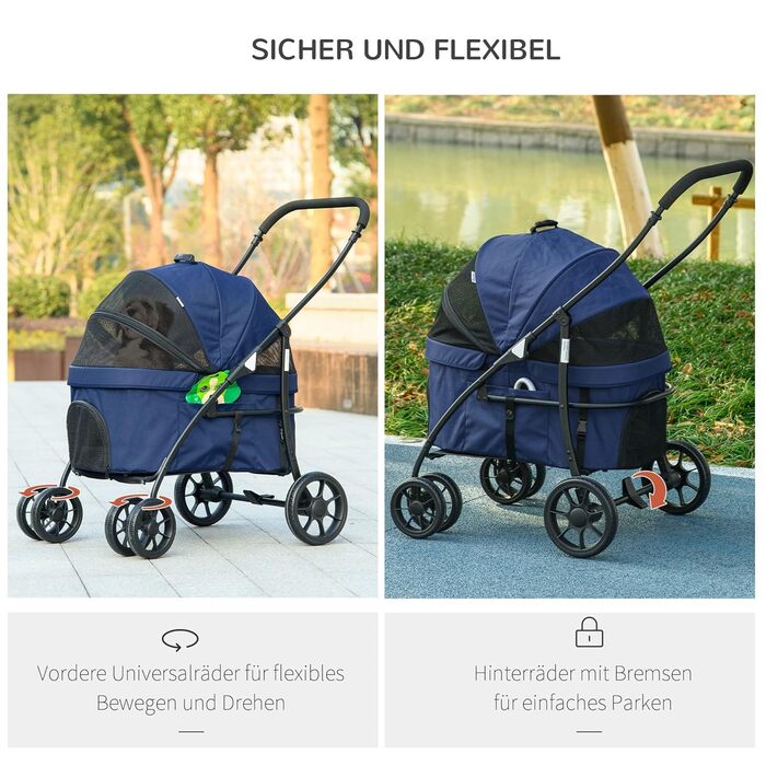 PawHut 2-в-1 візок для собак та котів з дощемником, складна конструкція, з 2 страхувальними ремінцями, для маленьких собак та котів, Оксфорд, темно-синій
