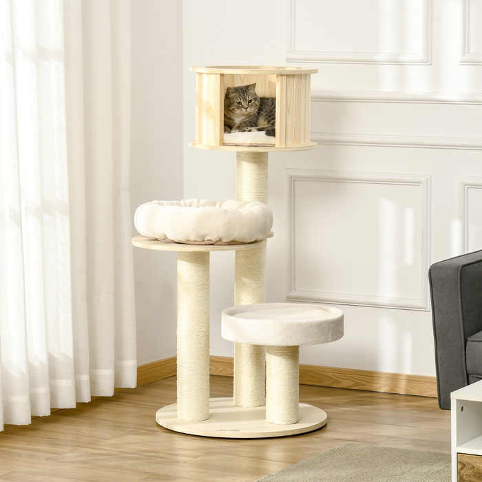 PawHut Cat Tree with Cat Cave висотою 122см, три рівня, дерево, стовбури з сизалю, ігрові м'ячі для активних котів