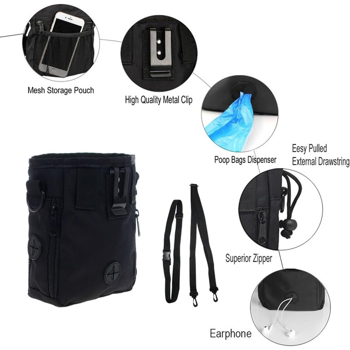 Сумка для ласощів для собак Hanwell з дозатором для прибирального інвентарю - водонепроникна, чорна