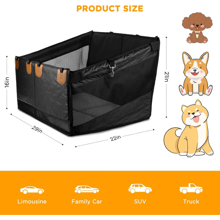 Автокрісло для собак великих та середніх порід – водонепроникне, з жорсткою основою, сітчасті вікна, кишені для зберігання та регульовані ремені