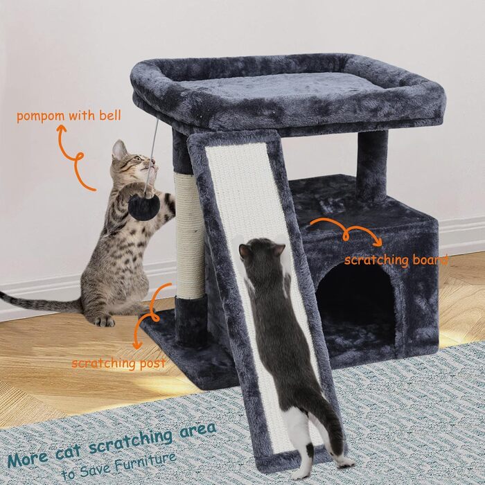 Дім-кіготник для котів у приміщенні - стабільна кімната з кігтеточкою, стійкою для сидіння, платформою та схованим місцем (димно-сірий)