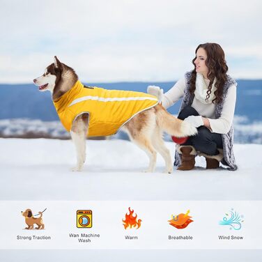 Водонепроникні куртки для собак, зимові теплі жакети для тварин, одяг для собак, відображаючий одяг, жилет для цуценят з шлейкою, отвір для маленьких, середніх та великих собак (Жовтий, 4XL)