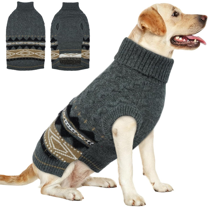 Вовняний пуловер з коміром-хомутом для собак на зиму, теплий візерунок Fair-Isle, сірий, розмір XXL (XX-Large)