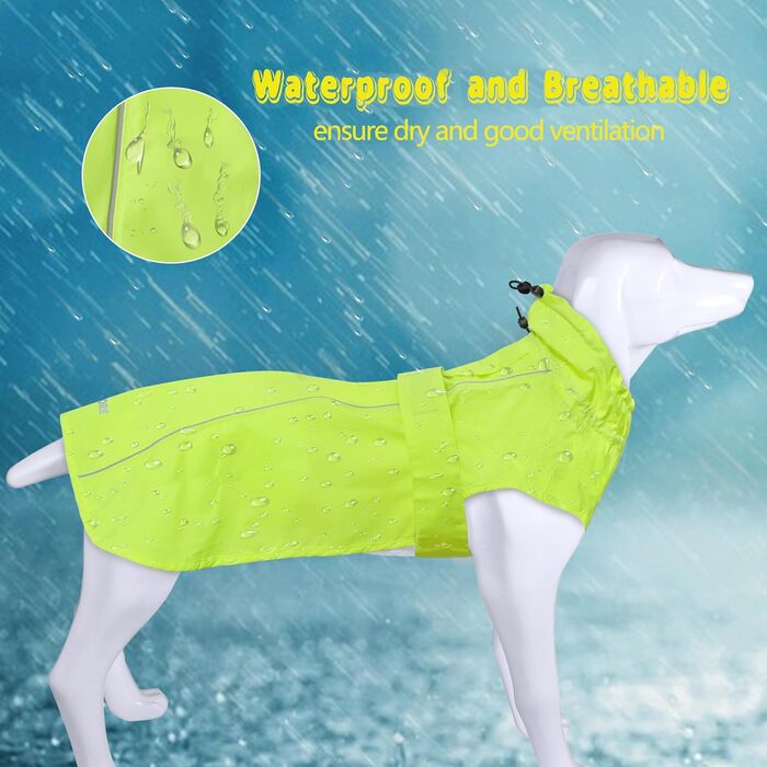 Регульований водонепроникний дощовик для собак, легка дощова куртка для тварин, одяг для цуценят з світловідбиваючими смугами для маленьких, середніх та великих собак (M) (Флуоресцентний, M)