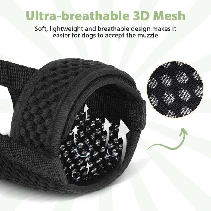 Майерзон Намордник для собак з застібкою-липучкою, м'який сітчастий намордник з патентом для великих, середніх та малих собак, Бігль, Лабрадор, для запобігання укусам та жуванню, дихаючий чорний/сірий XS