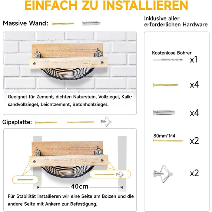 ФУКУМАРУ Клітрова стіна для котів, велике котяче дерево для стіни, з масивного гумового дерева, гамак для котів на стіні для сну та ігор, вантажопідйомність до 18 кг, білий (чорно-білий)