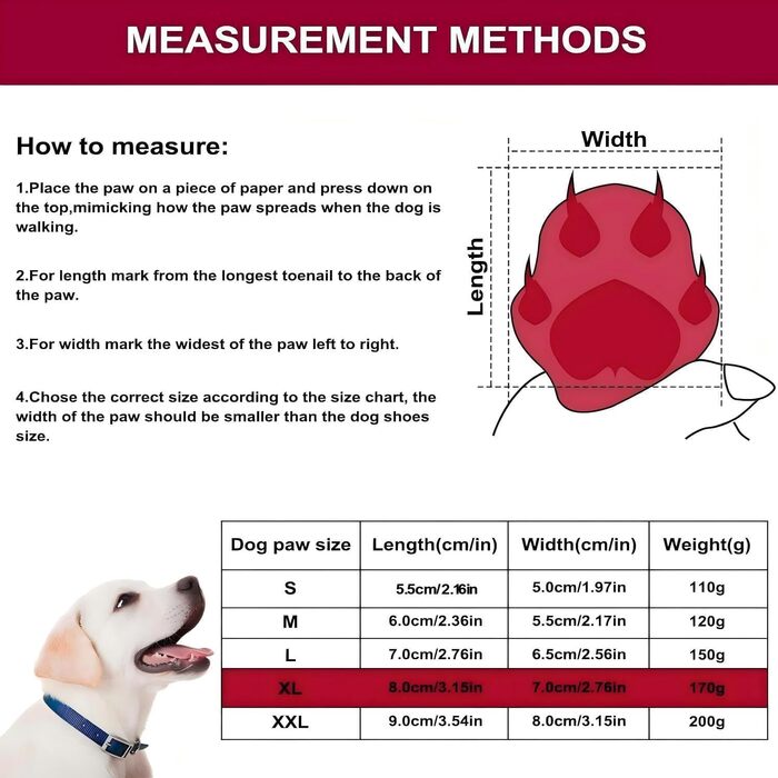 Чоботи для собак Dricar, 4 шт. Водонепроникні, антиковзні, з регульованими ремінцями. Зимові чоботи для собак середніх та великих порід для прогулянок на вулиці та в приміщенні (червоні, XL)