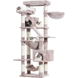 Кігтеточка-вежа для котів Heybly HCT034G, 180 см, коричнево-бежева: 2 платформи, 2 будиночки, гамак, кошик, когтешкреб