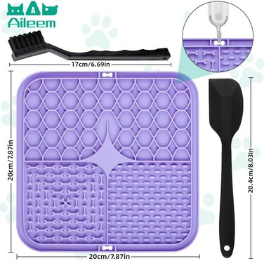 Килимок-лизун для собак та котів, 20 см, з міцними присосками для зняття тривоги та розваг, для купання та дресирування, лопатка та щітка, 2 шт. (фіолетовий та сірий)