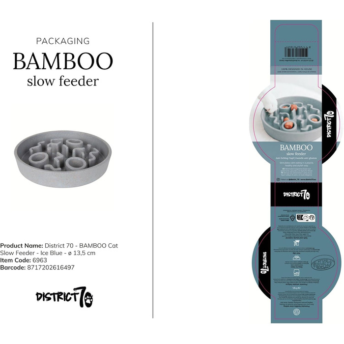 District 70 Повільний годівник для котів з бамбуку, діаметр 13,5 см, колір Ice Blue