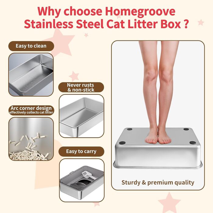 Набір для туалету котів з нержавіючої сталі з кришкою, великий, для великих котів, з совочком та килимком (білий)