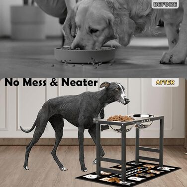 Підвищена годівниця для собак великих та екстра-великих порід, підставка для мисок з нержавіючої сталі (2,863 г) та не проливаючим килимком, годівниця висотою 43 см для великих порід, чорний колір