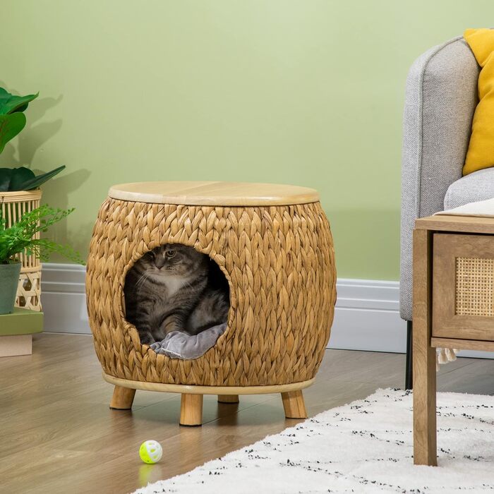 Котяча хатинка Pawhut з ротангу 2-в-1, кошик з подушкою, ліжко для котів і тварин, водяна гіацинта, дерево павловнії, світло-коричневий+сірий, 44x43x42 см