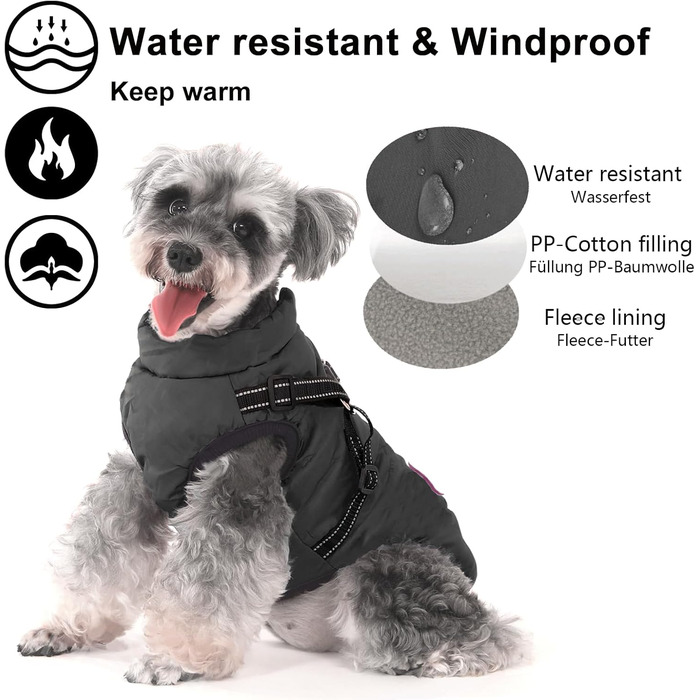 Теплий зимовий одяг для собак, водонепроникний, для маленьких собак, з кільцем, чорний, 30 см