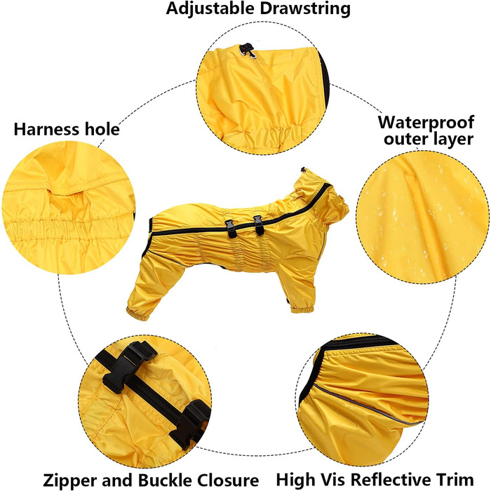 Жовтий дощовик для собак MOREZI з високим коміром, набір з водовідштовхувальним дощовиком, світловідбиваючими смугами та блискавками, підходить для всіх порід собак, великий розмір (довжина спини: 42-45 см)