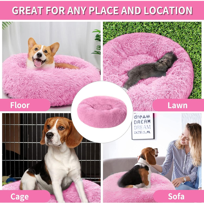 М'яке кругле ліжко для собак та котів 60см – зручне лежанка-пончик для маленьких собак та котів, миється, не слизьке, плюшеве ліжко для тварин, сірий (L 60 x B 60 x H 20 cm, Рожевий)