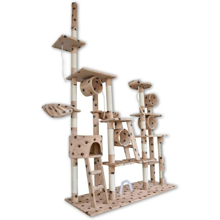 Кігтеточка BITUXX® для котів з будиночком та ігровим майданчиком, регульована висота 230-250 см (Бежевий / Лапка)