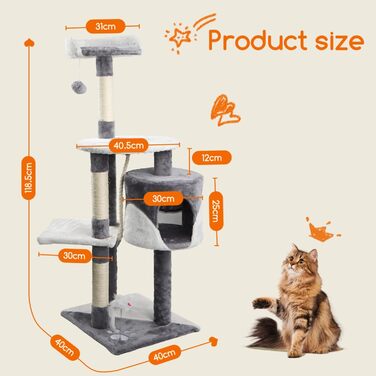 Котячий дряпак Nobleza 118,5 см, 3 платформи, 1 будиночок, помпон, іграшка, сірий