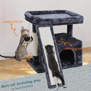 Дім-кіготник для котів у приміщенні - стабільна кімната з кігтеточкою, стійкою для сидіння, платформою та схованим місцем (димно-сірий)