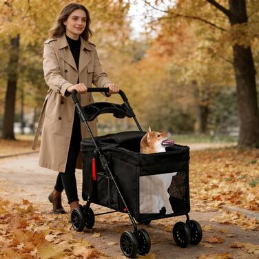 Візок для собак Homewell, візок-каляска для котів/маленьких собак, візок-каляска для дітей, прогулянковий візок для тварин з 2 вікнами на блискавці, тримач для напоїв, до 20 кг (Чорний)