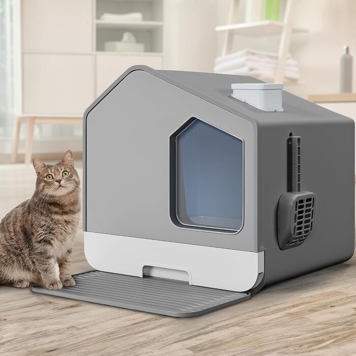 YITAHOME туалет для котів з кришкою, совком, високими стінками, закритий, легке очищення, прихований, сірий