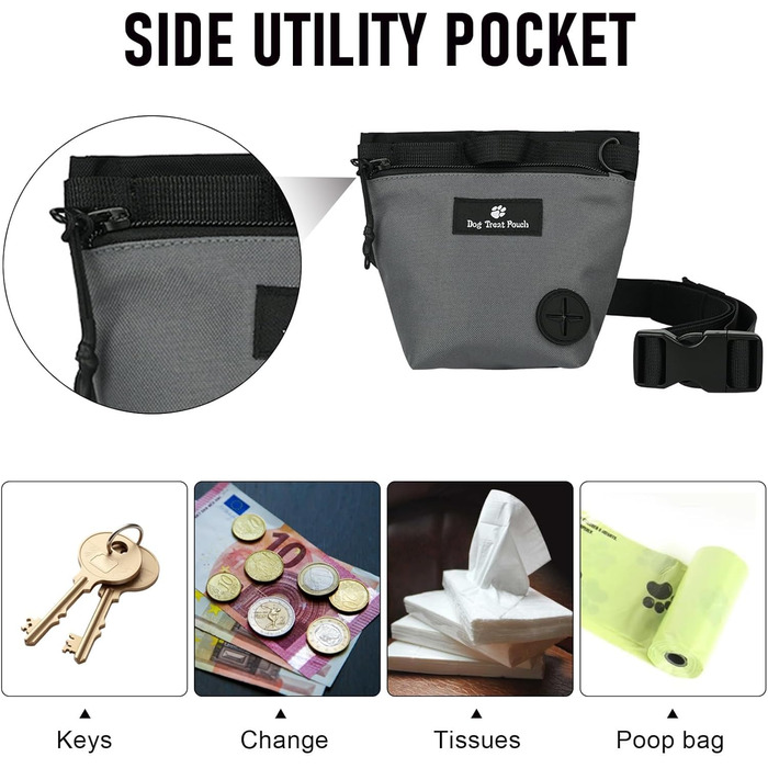 Сумка для ласощів для собак з магнітною застібкою, регульованим поясом, для тренувань, прогулянок на відкритому повітрі (сіра, з принтом тварин)