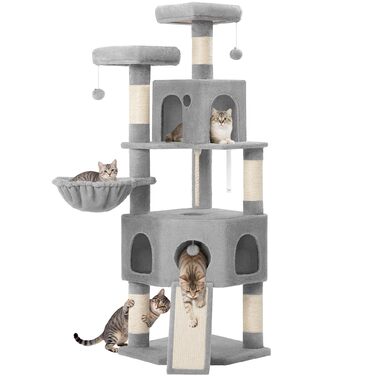Кігтеточка для котів Hzuaneri, 174 см, XL, 2 платформи, 2 печери, 4 стовпчики, дошка для шліфування кігтів, мотузка з сизалю, плюшеві кульки, сірий колір, для кількох котів MS17418LG
