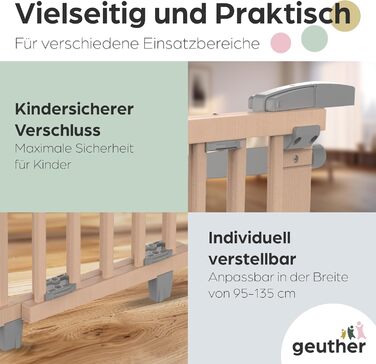 Захист для сходів Geuther Oris | Дверний захист для сходів з кріпленням, 2 клямки для поручнів, ширина регулюється | Стабільне дерев'яне дитяче ворота, натуральний лак (натуральний, 95-135 см)