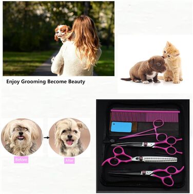 Набір ножиць для собак 7,0' 6 в 1: прямі, вигнуті, фінішна ножиця, пінцет та гребінець з нержавіючої сталі, рожевий (36 зубців)