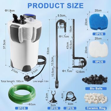 EXLECO Зовнішній фільтр для акваріума з УФ-лампою 1400 л/год 35 Вт - фільтр для акваріумів до 300 л, регульований, потужний 3-ступеневий каністровий фільтр з фільтрувальним матеріалом, шланг HW-302B з УФ-лампою/1400 л/год/2.0 м/35 Вт