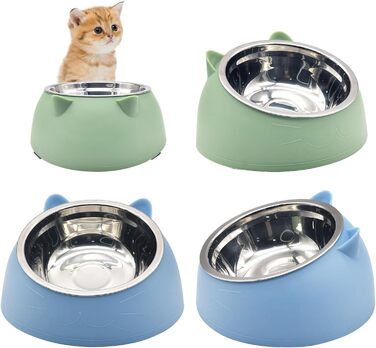 Набори мисок для котів Hamiledyi: 4 шт., нахил 15°, нержавіюча сталь, анти-блювотна, без витоку, для кошенят, дорослих котів та кроликів (чорний + білий, чорний/білий (синій/зелений), 200 мл)