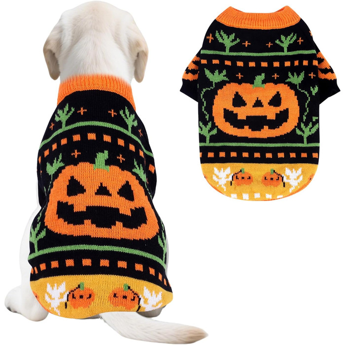 Пуловер на Halloween для собак та котів, з мотивом гарбуза та черепа, трикотажний, для маленьких, середніх та великих собак, Yorkie, Chihuahua, Zwergspitz, розмір L