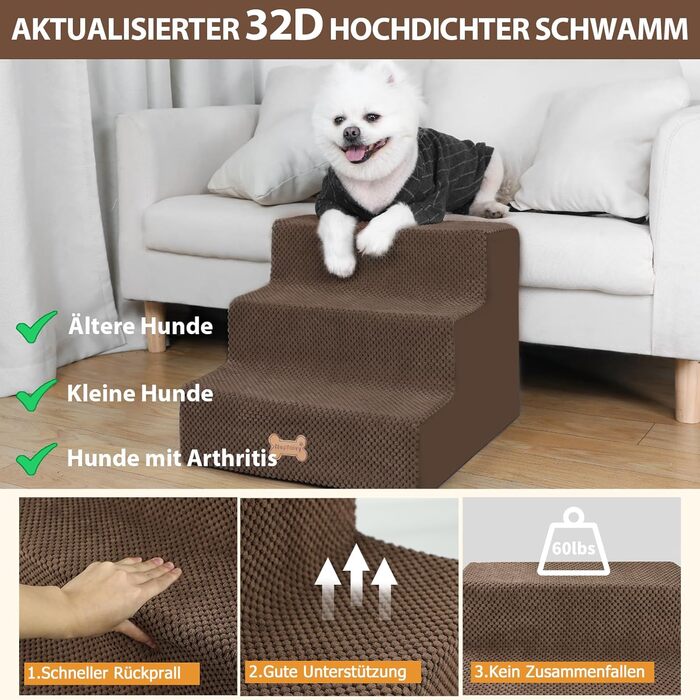 Сходинки для собак Непфайві: 3 сходинки, для маленьких собак, знімний чохол, антиковзаюча поверхня, 45x40x34 см, коричневий
