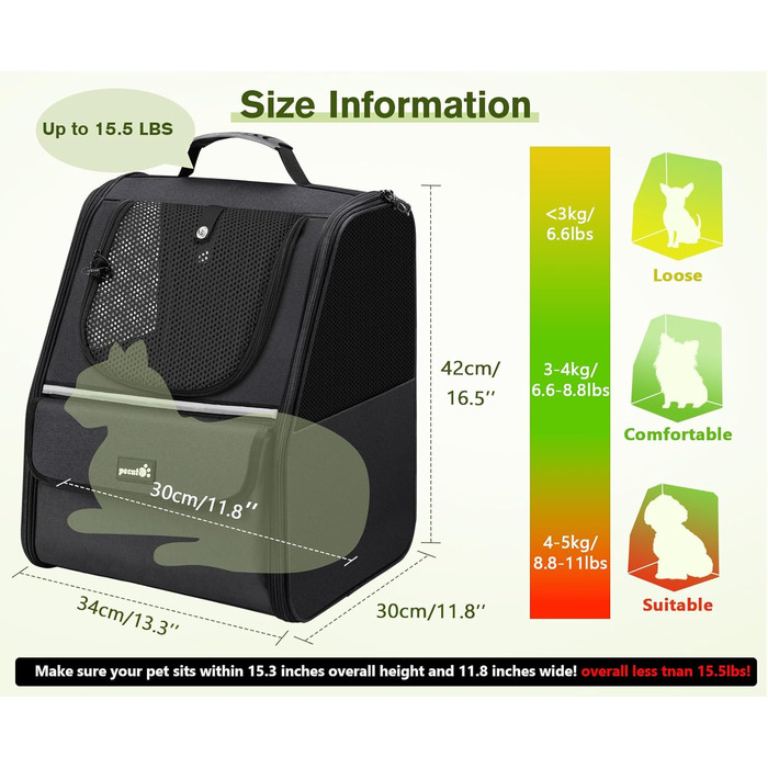 Рюкзак для кота Pecute з сітчастим вікном, чорний, до 6 кг