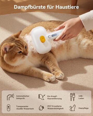 Щітка для котів ROJECO з парою, багатофункціональна, 3-в-1 проти підшерстка та ковтунів, 3 режими розпилення, самоочищення, для довгошерстих та короткошерстих котів та собак, білий колір