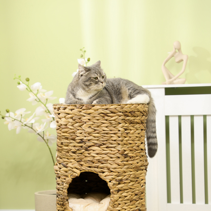 PawHut Scratching Barrel Cat Tower 73см 3 яруси з водяним гіацинтом та сталевою подушкою, світло-коричневий для любителів кішок