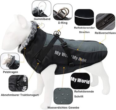 Водонепроникна куртка для собак на зиму, 6XL, сіра. З кріпленням для повідка, регульована, для великих і середніх собак. Ідеально для занять спортом на відкритому повітрі.