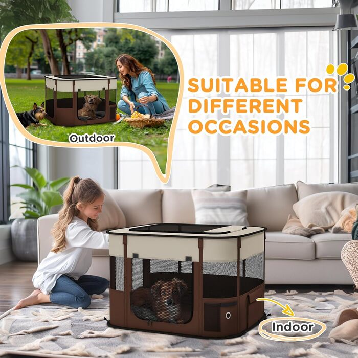 PawHut Вольєр для собак, переносна клітка-вольєр для домашніх тварин, складаний вольєр для собак та котів з сумкою для зберігання, 114 x 89 x 59 см, (Колір: Коричневий, Розмір: S)