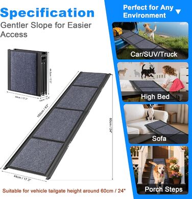 Рампа для собак COSIEST, 160 см x 43,9 см, складана, до 113,4 кг, з антиковзким покриттям, для SUV, вантажівок, ліжок, диванів