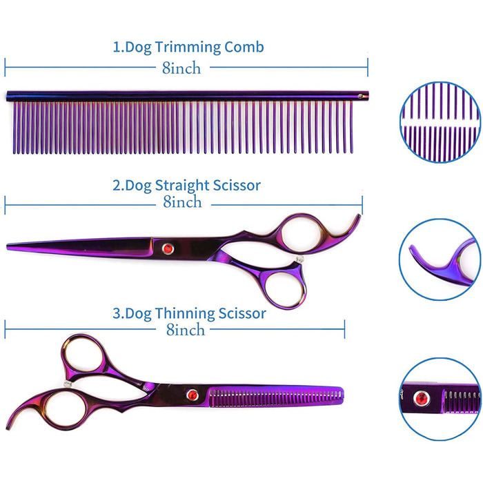 Набір професійних ножиць для грумінгу собак, титан-покриття, з ножицями для нігтів, фіолетовий