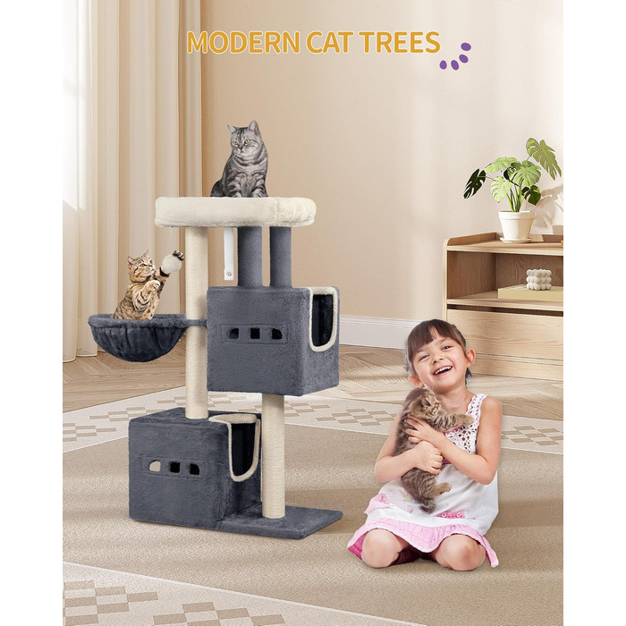 Дерево для котів Hzuaneri, 98 см, зі стійкою конструкцією, великою лежанкою, котячою печерою, сизалевими стовпчиками, кошиком та іграшками, сірий колір MS10018SG