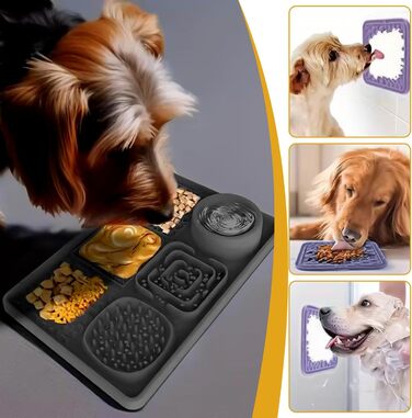 Матиця для собак 2 шт. з шпателем, лижуча килимок для собак та котів з присосками для купання, догляду за шерстю, тренувань, годівлі, повільне годування, зменшення тривоги, іграшка для собак (чорний+фіолетовий)