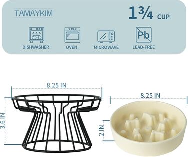 Керамічна миска для собак 21,6 см з металевою підставкою, повільне годування, 1,75 чашки, нековзка, для малих, середніх і великих собак, бежева
