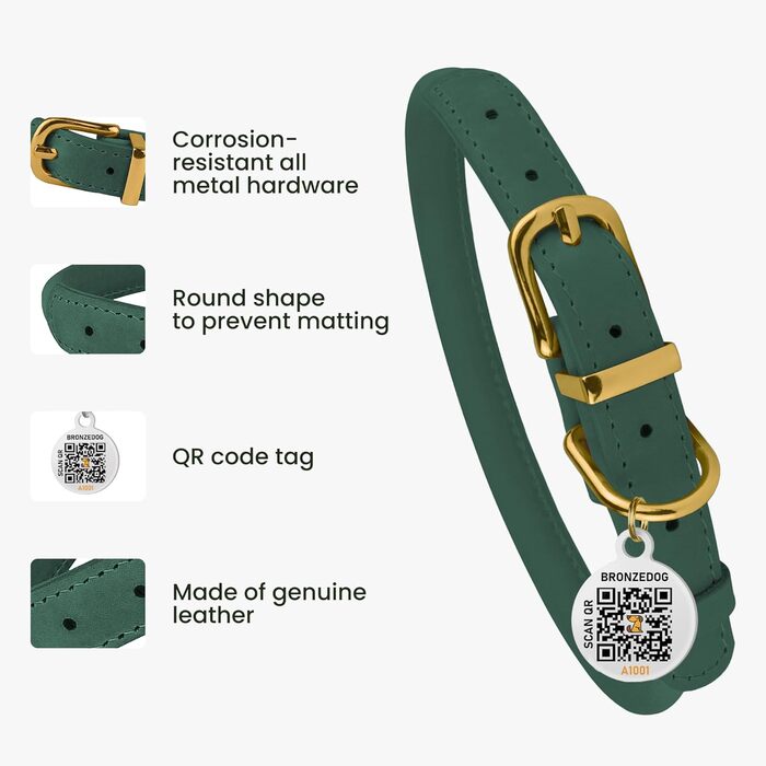 Нашийник для собак BRONZEDOG з м'якої шкіри з QR-ID, регульований, для малих, середніх та великих собак, кошенят (Смарагдовий, 40-48 см)